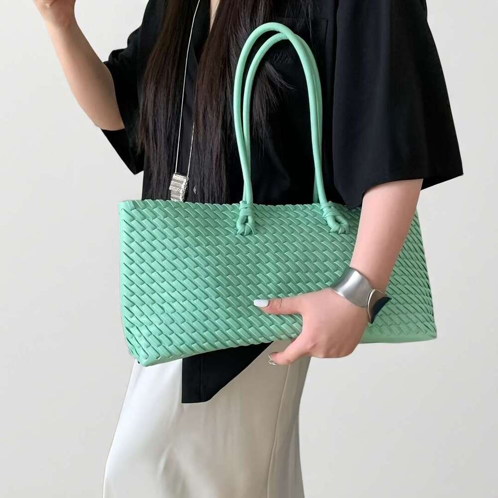 Women S Large Tote Bag Double Sided Wicker Like Handbag With Woven Front Layer Like Texture Drawstring Closure Wrist Strap Multi Color Turquoise Mint