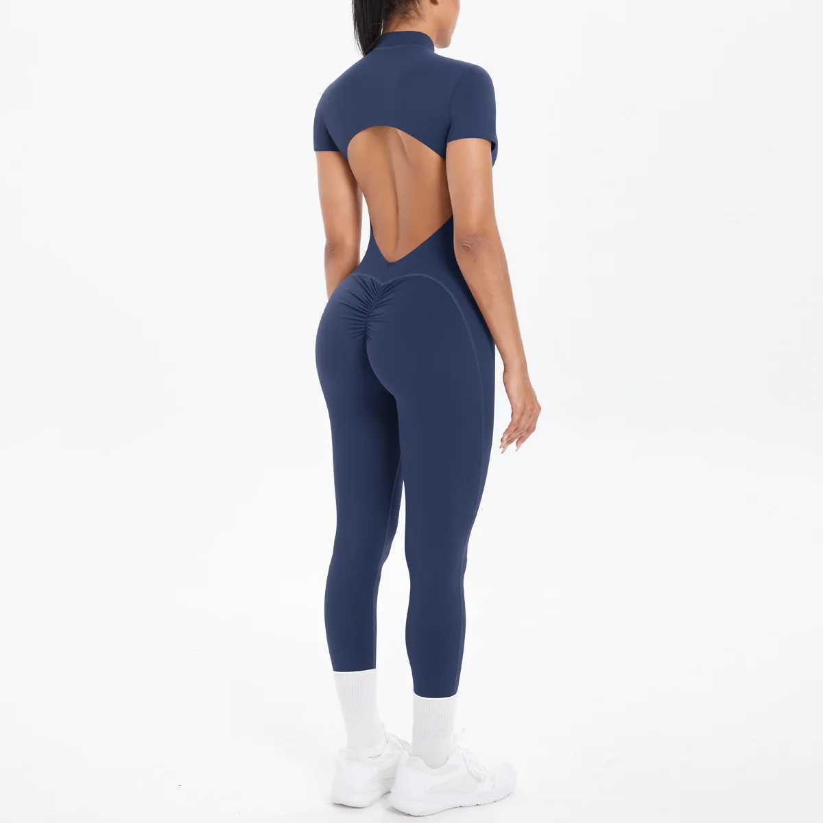 Pad Yoga Set One-Piece Short Sleeve Jumpsuits Women Legging Zipper Sport Shorts Rompers Ladies Fitness Active Bodysuits XP51t251219