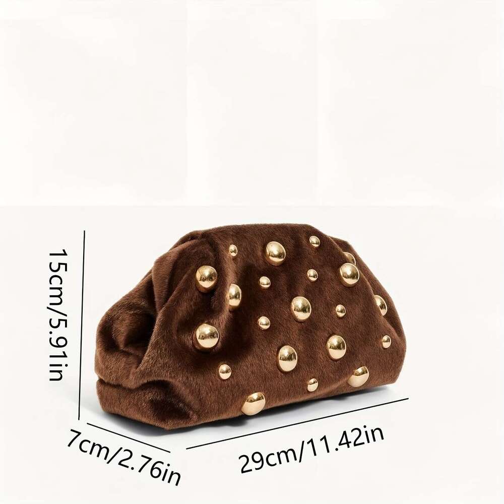 Pc Women S Elegant Faux Trimmed Handbag Large Capacity Golden Tone Stud Closure Purse Deep Brown Like Imitation For Weddings Parties Daily Use Luxury