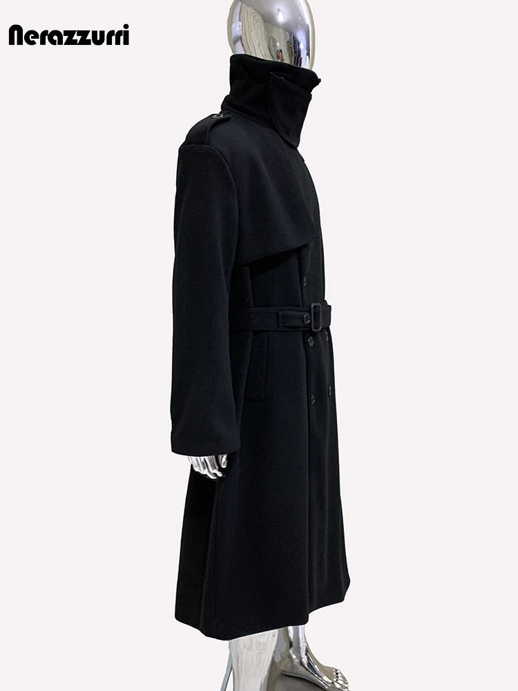 Nerazzurri Autumn Winter Long Oversized Black Warm Woolen Coat Men Belt Chic er Clothes Wool Blends Overcoat 251219