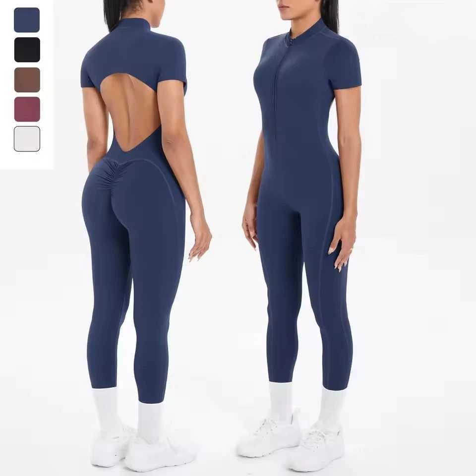 Women Short Sleeved Fitness Jumpsuit for Woman Bodysuits Backless Solid Color Scrunch One-Piece Suit Half Zipper Gym Yoga Setst251219