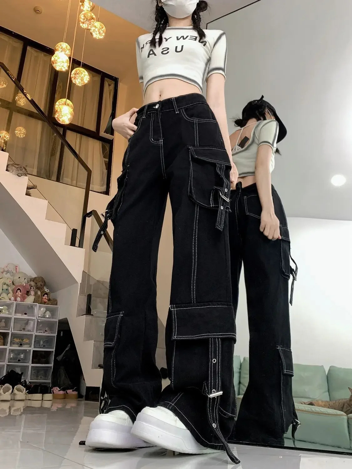 American Retro Street Cargo Jeans Autumn Women High Waist Y2K Streetwear Wide Leg Denim Pants Vintage Baggy Trousers Z260314
