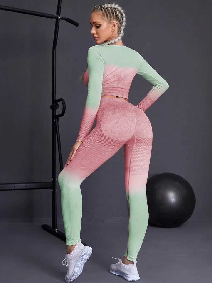 Workout Sets Two Piece Outfits for Women Clothes Gym Yoga Seamles Sports long Tops with Leggingt251219