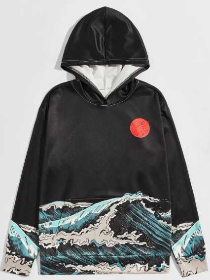 2025 Men's Long-Sleeved Hooded Sweatshirt with Trendy Digital Printing, Japanese Style, Sun and Wave Pattern, Cap Sleeve, Men's Clothing H251219
