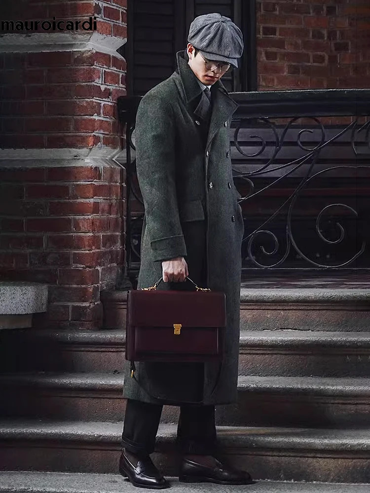 Mauroicardi Autumn Winter Long Warm Green Polo Coat Men Double Breasted Cool Elegant England Style Wool Blends Overcoat 251219