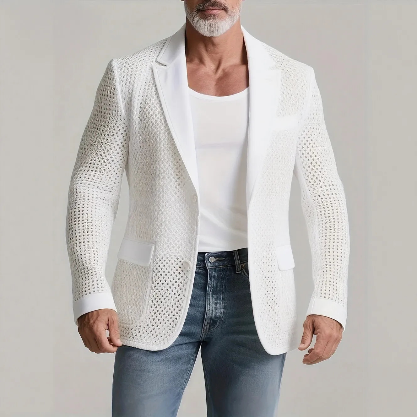 Mens Hollow Crochet Suit Coats Fashion Notch Lapel Two Button Long Sleeve Blazer Casual Solid Double Pockets All-match Jacket 251217