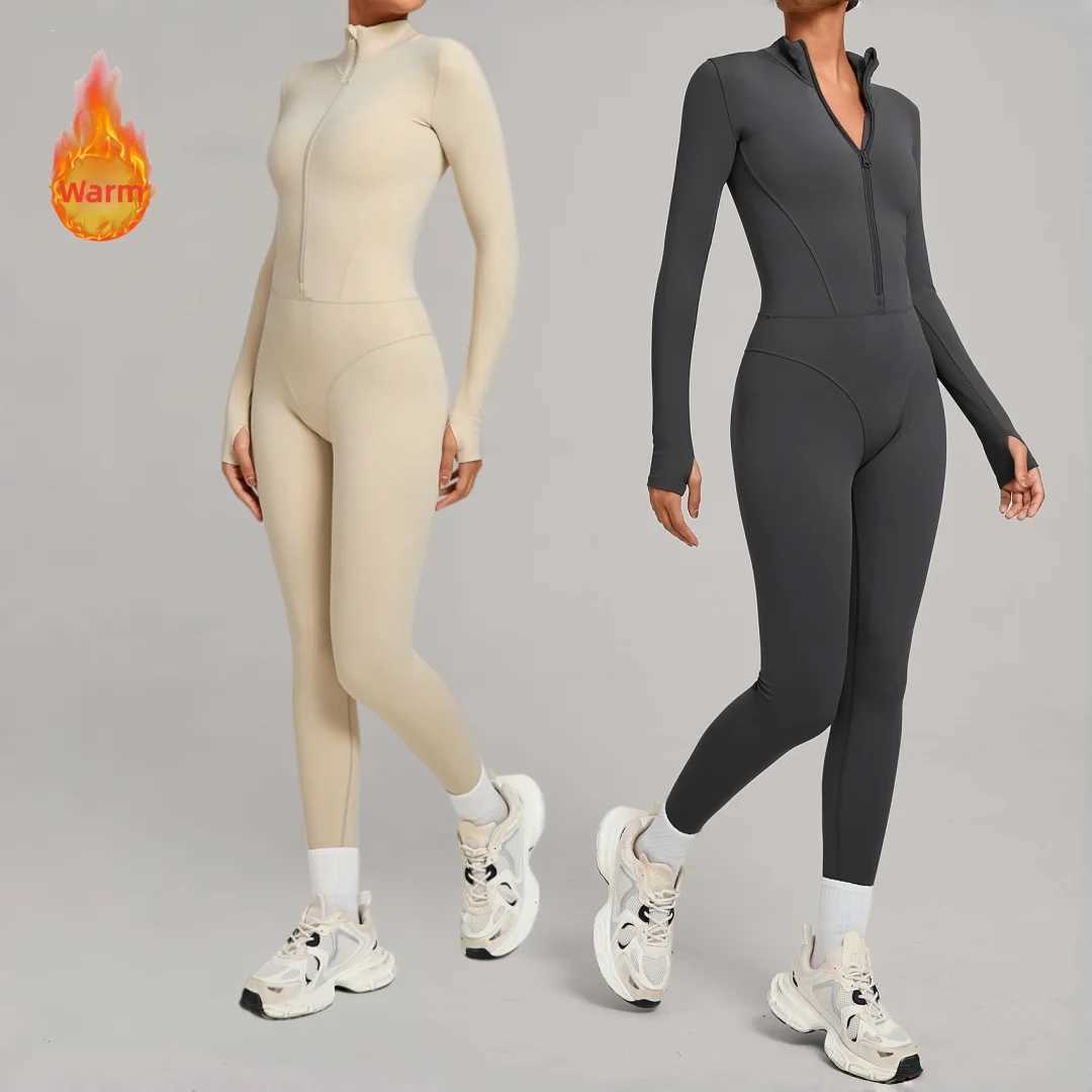 Winter Warm Yoga Jumpsuit Zipper Fleece Outdoor Fitness Running One-piece Workout Clothes Stand Collar Gym Legging Bodysuitst251219