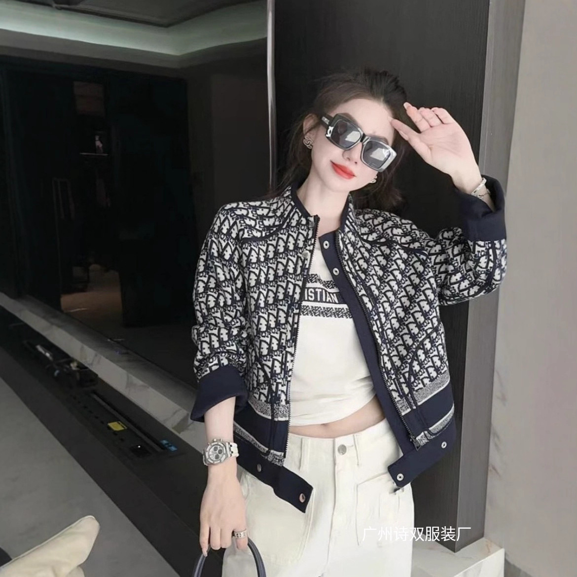 In Stock Factory Direct D Brand High-End Jacquard Letter Elegant Stand Collar Coat Women's Knitted Reversible Top