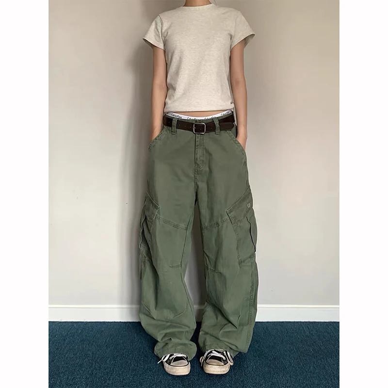 Women Green Y2k Baggy Cargo Harajuku Vintage Wash Denim Trouser Aesthetic 2000s Style Oversize Boyfriend Jeans Pants Autum Z260314