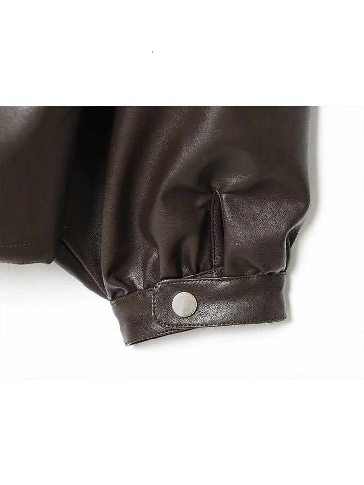 Women Vintage PU Leather Bomber Jackets Autumn Zipper Stand Collar Long Sleeve Pocket Coat Casual Ladies Loose Streetwear 251205