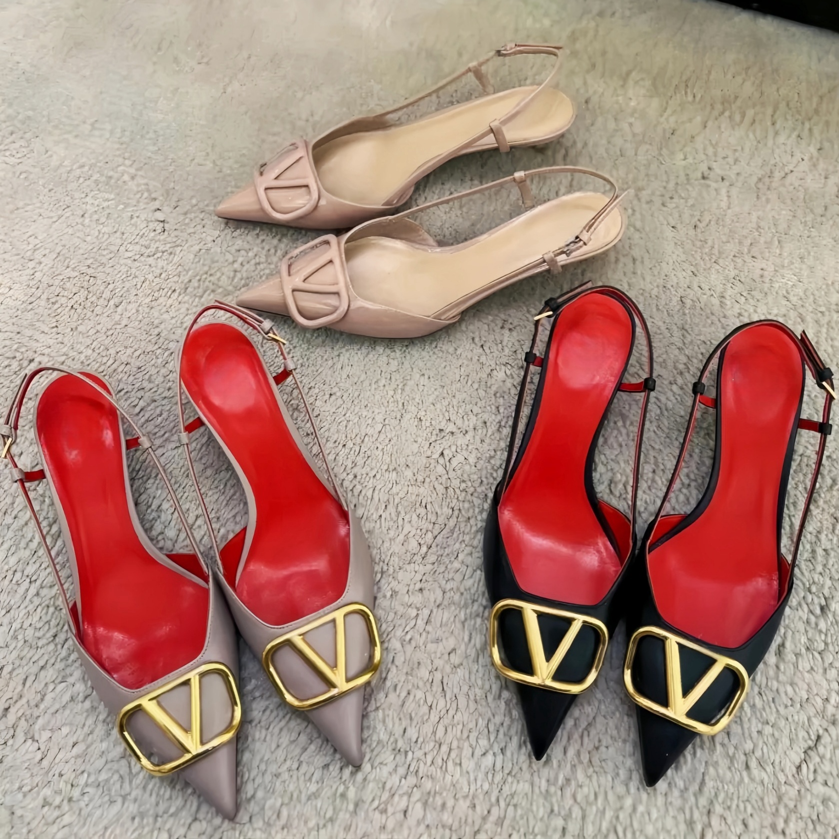 Luxury V Sandals Designer Women High Heels Shoes Metal V-buckle Kitten Heels 4cm 6cm 8cm 10cm Sexy Thin Heels Pointed Toes Brand Pumps with Dust Bag 35-44