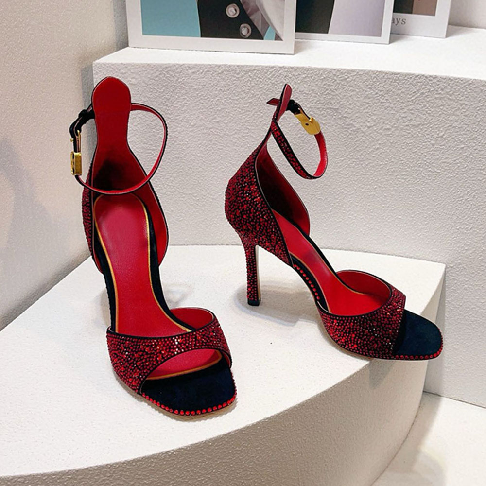 Crystal embellished suede sandals Ankle strap stiletto Heel Evening shoes for 10cm women heeled Luxury Designer sandals Sparkling wedding shoes Size 35-43