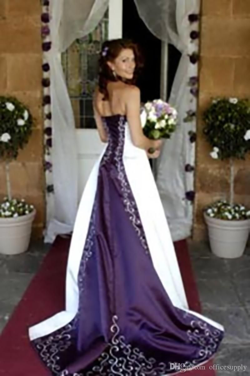 Vintage White Purple Satin Wedding Dresses New Strapless Pao Embroidery Vestido De Novia A Line Corset Back Chapel Train Bridal Gowns BO9684