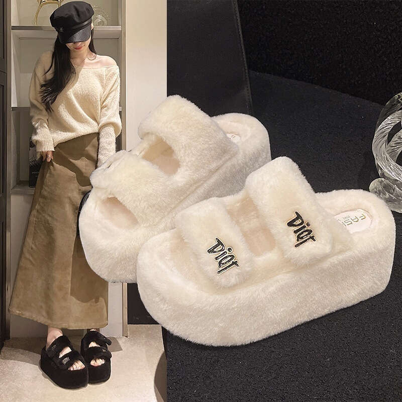 Internet Celebrity Magic Tape 8CM Thick Sole Furry for Women, Outdoor Wear, 2025 Autumn and Winter New Embroidered Letter Cotton Slippers