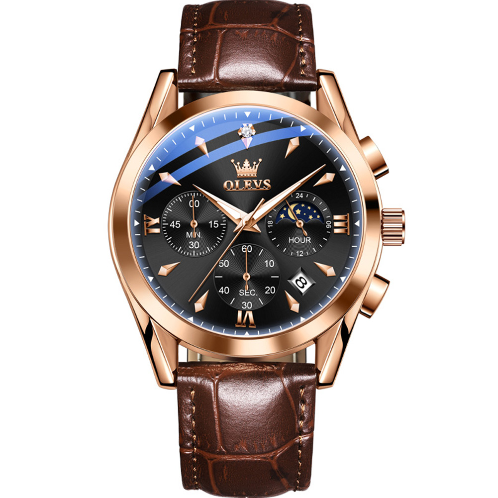 OLEVS Multi functional quartz watch for men Three disc six needle timer Light Luxury Business Luminous waterproof watch