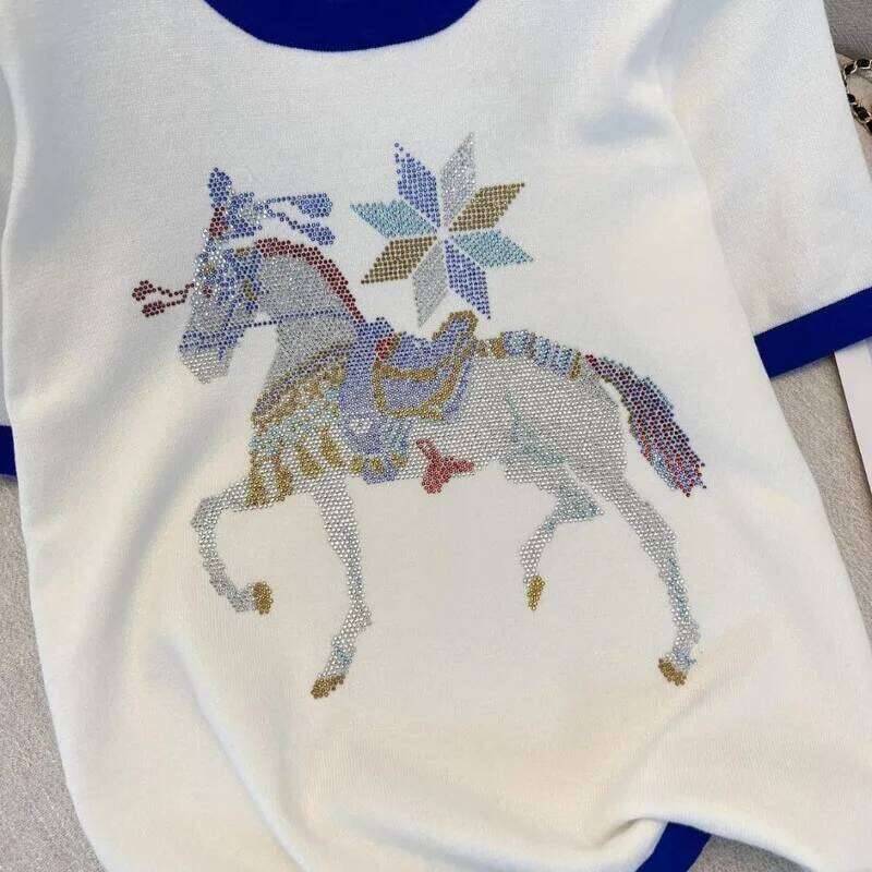 Women Stylish Casual Contrast Color Rhinestone Ice Silk Knitted T-Shirt Summer Elegant Chic O Neck Short Sleeve Loose Basic Tops