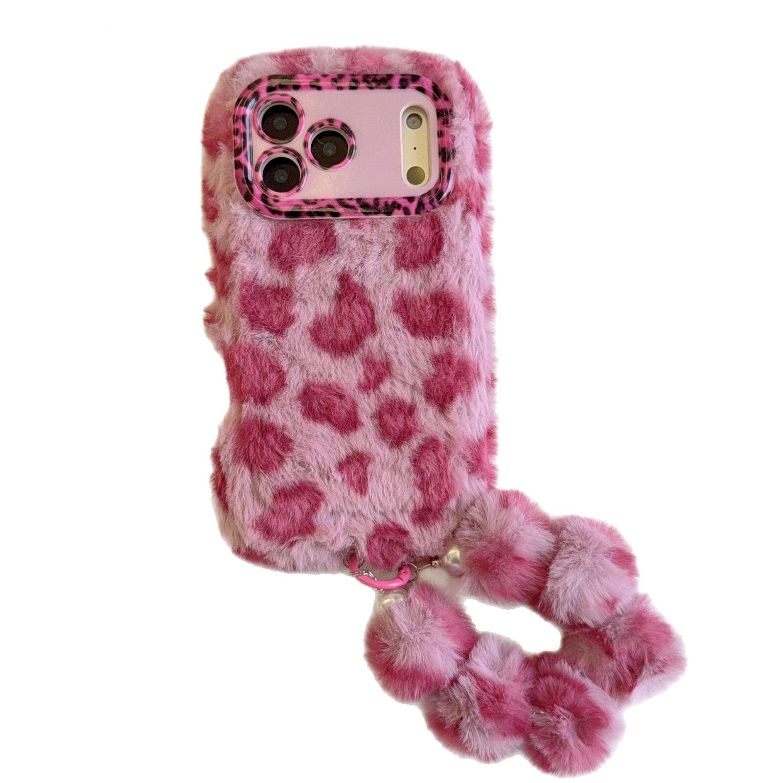 Suitable for iPhone 17 Autumn Winter Plush Leopard Print Phone Case 16 Pro Max Apple 15P with Hand Strap and Lens Stand