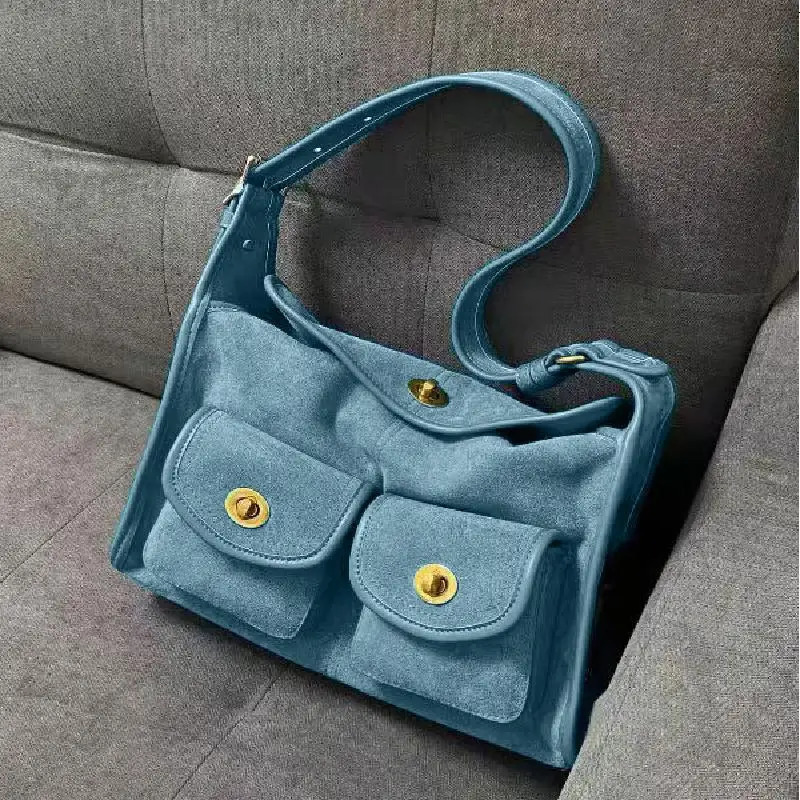 Suede Shoulder Bag Creative Double Pocket Underarm Bag Vintage Womens Bag Large Capacity Commuter Bag Retro Adjustable Handbags 251217