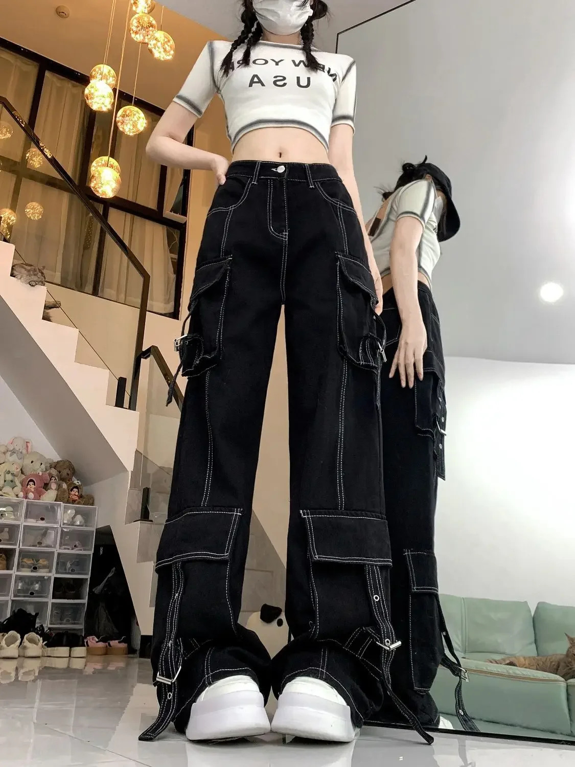 American Retro Street Cargo Jeans Autumn Women High Waist Y2K Streetwear Wide Leg Denim Pants Vintage Baggy Trousers Z260314