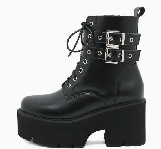 European and American knight boots - autumn thick-soled Martin boots with metal belt buckles and short high heels for women H251219