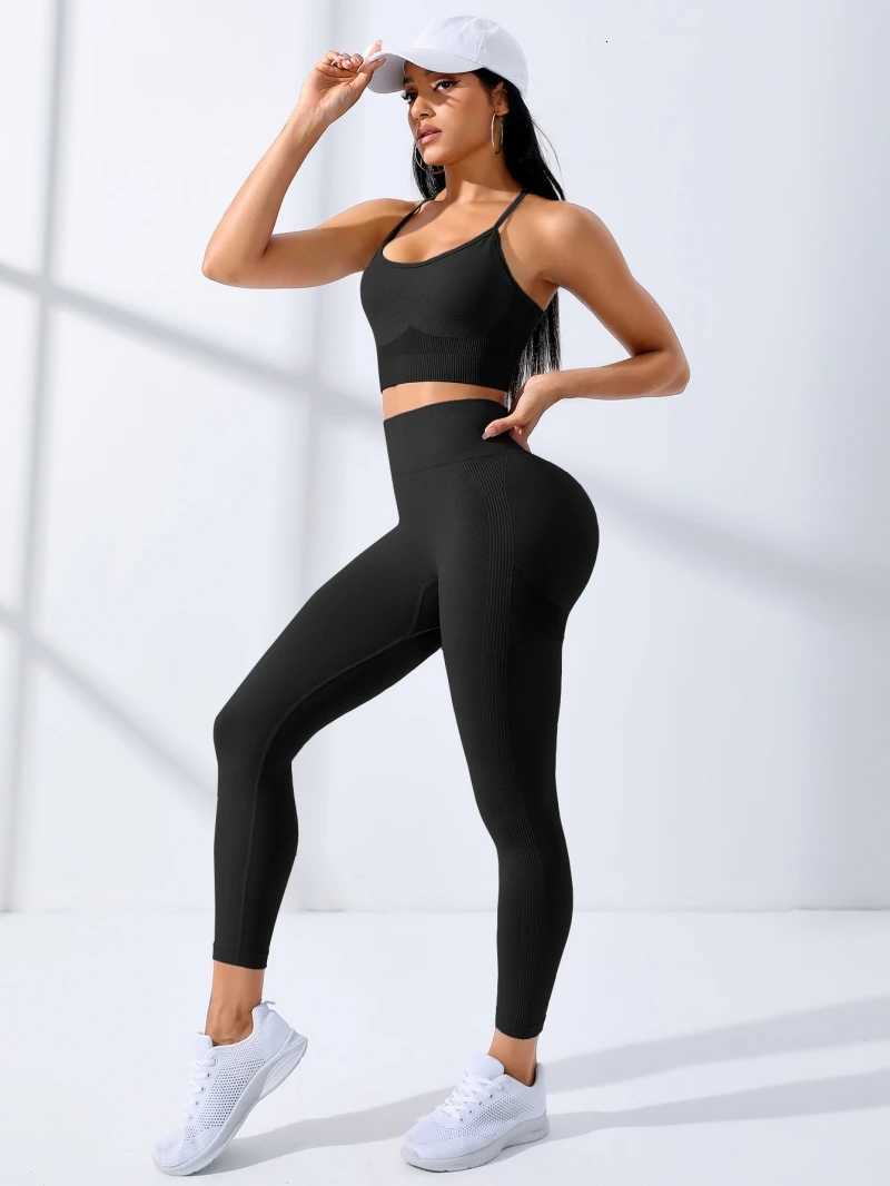 Women Yoga Set 2/Pcs Seamless Workout Outfits Yoga Sportswear Tracksuit Leggings And Thin Shoulder Strap Stretch Sports Bra Fitnt251219