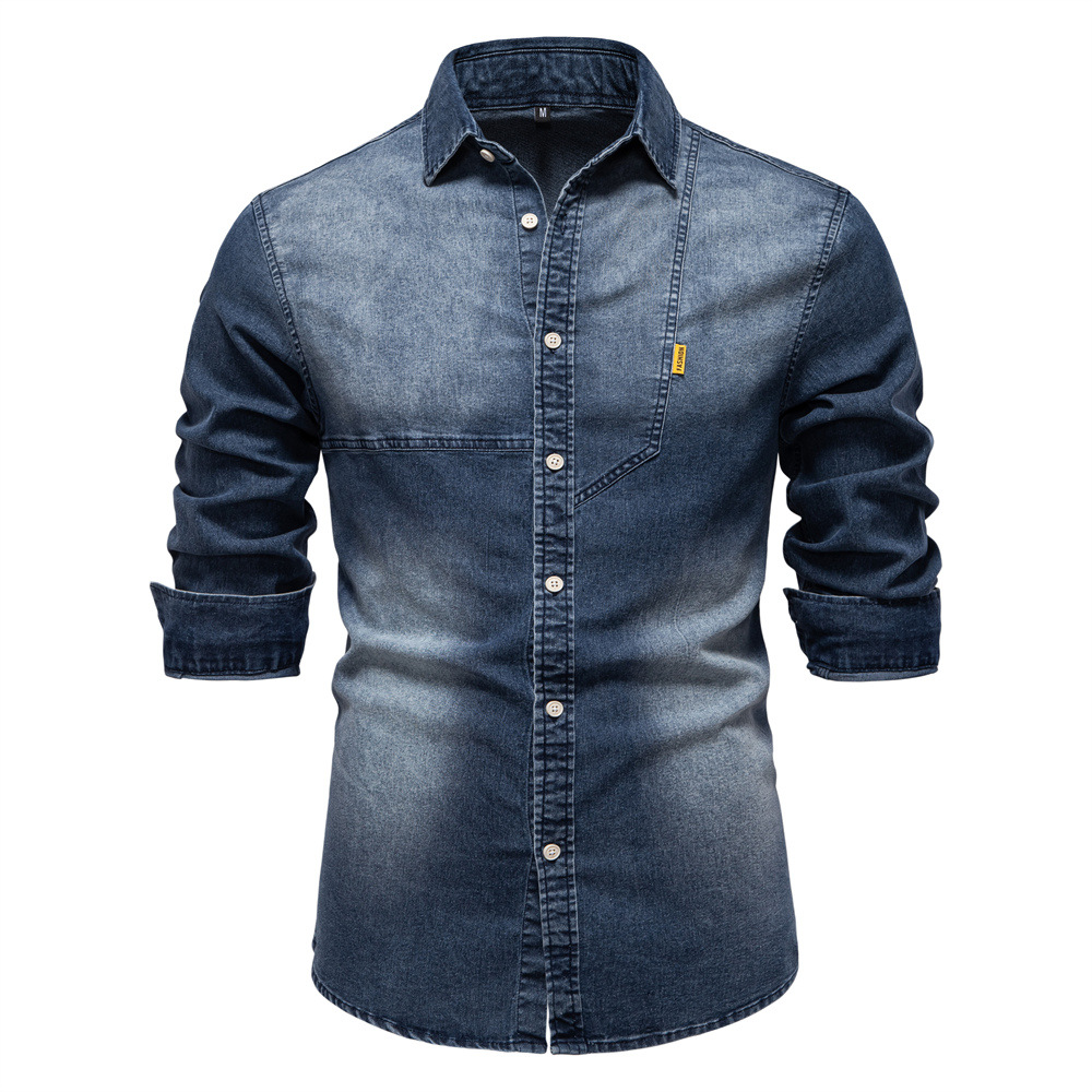 WOZK Men's autumn and winter European denim shirt, men's casual solid color denim long sleeved shirt, denim fabric inner top high quality wh