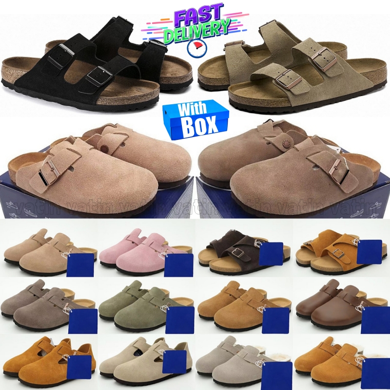 Free shipping Designer Sandals Slides Soft Clogs Boston berkinstocks Suede leather buckle sliders For men women outdoor Flat Sneakers Beige Mud Grey Pink With box