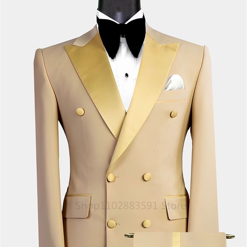 Mens Suit Double breasted Tuxedos Formal Slim Fit Notch Lapel Party Solid Groom Khaki Suits For Wedding 2 PiecesBlazerPants 251203CJ