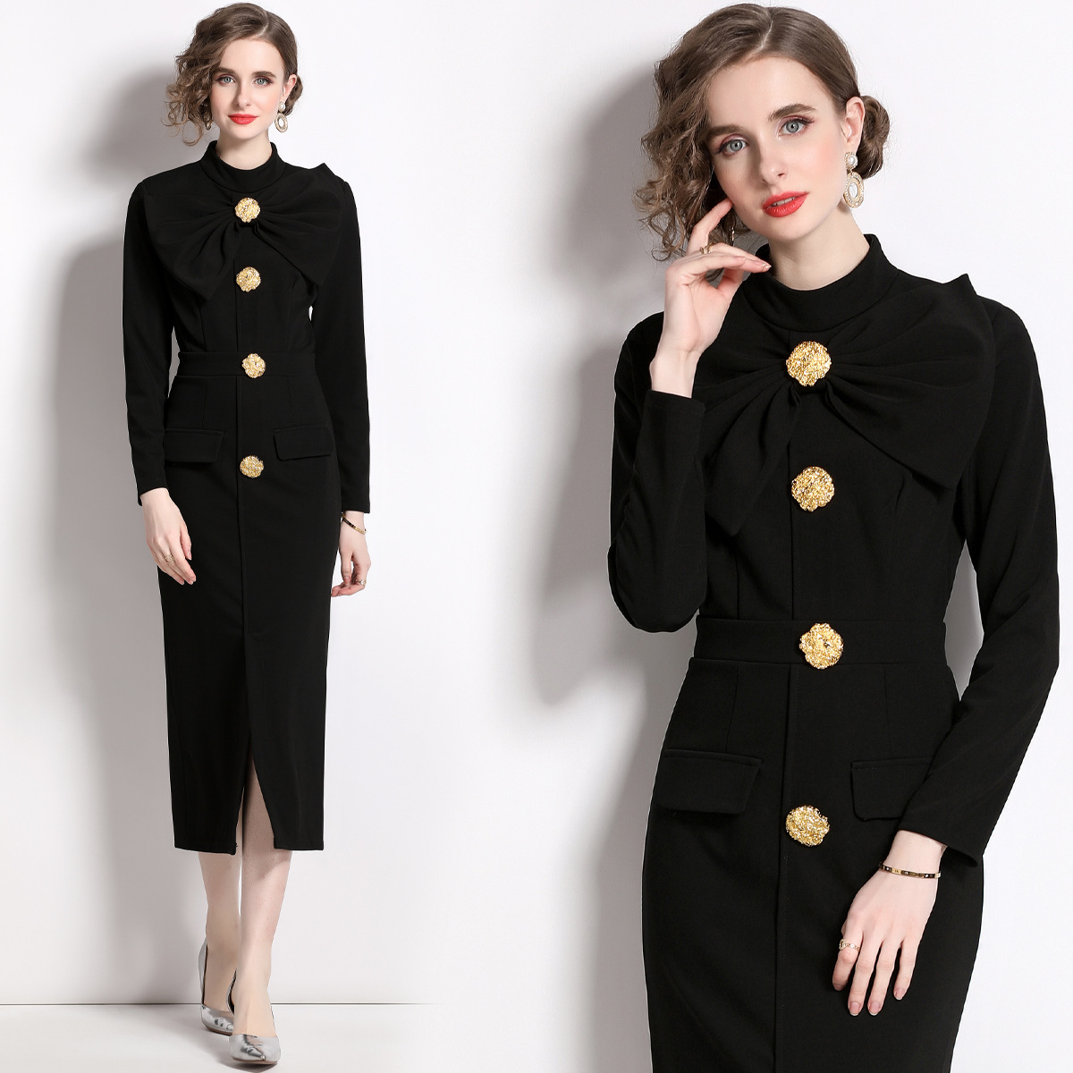 Casual Dresses Autumn Elegant V-Neck Velvet Dress Women Long Sleeve Fashion Metre Buttons Split Sheath Bodycon Office Party Pencil Vestidos