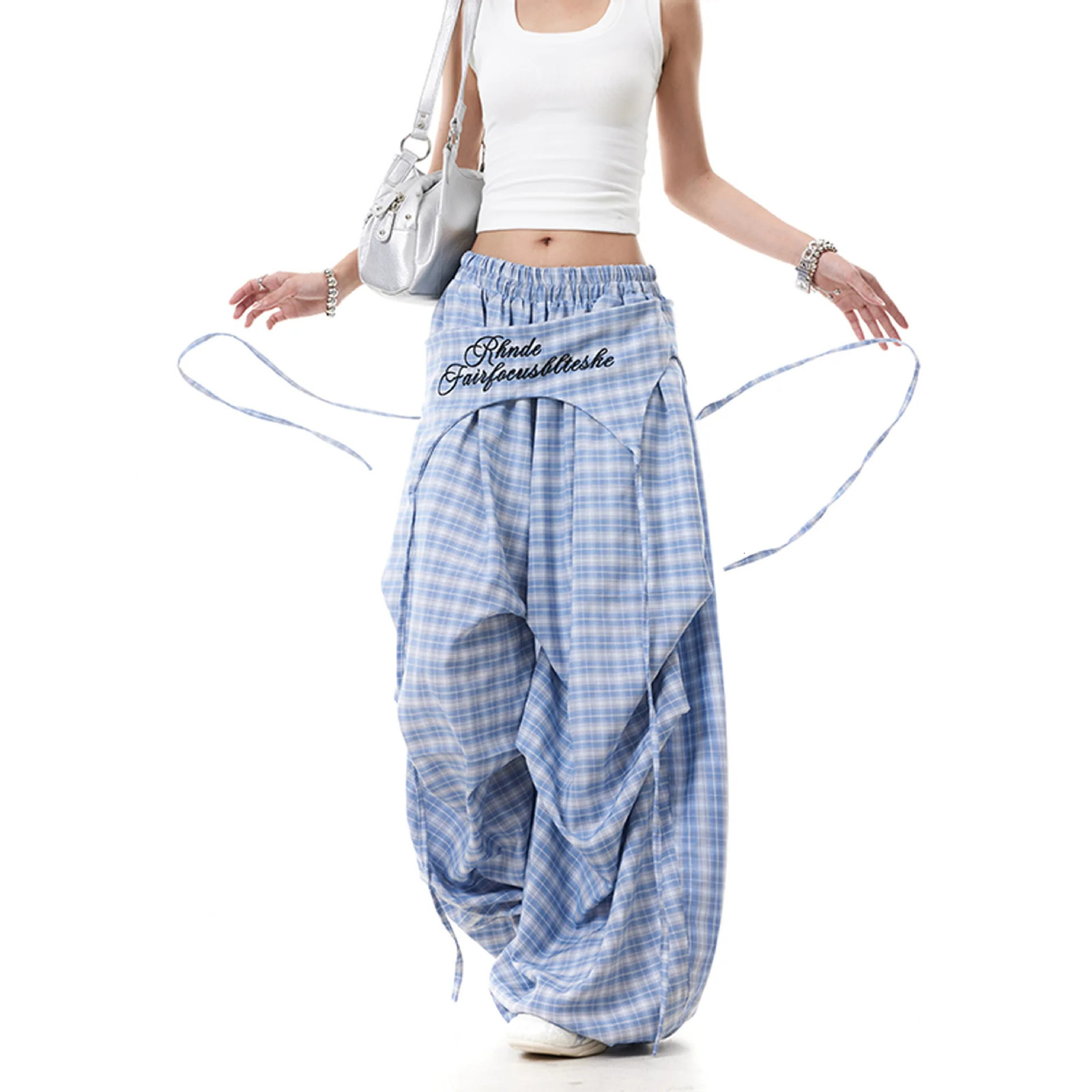 Womens Y2K Style - Cross-layer Straps Casual Streetwear Trousers Wide Leg Cargo Pants for Hip Hop Dance Z260314