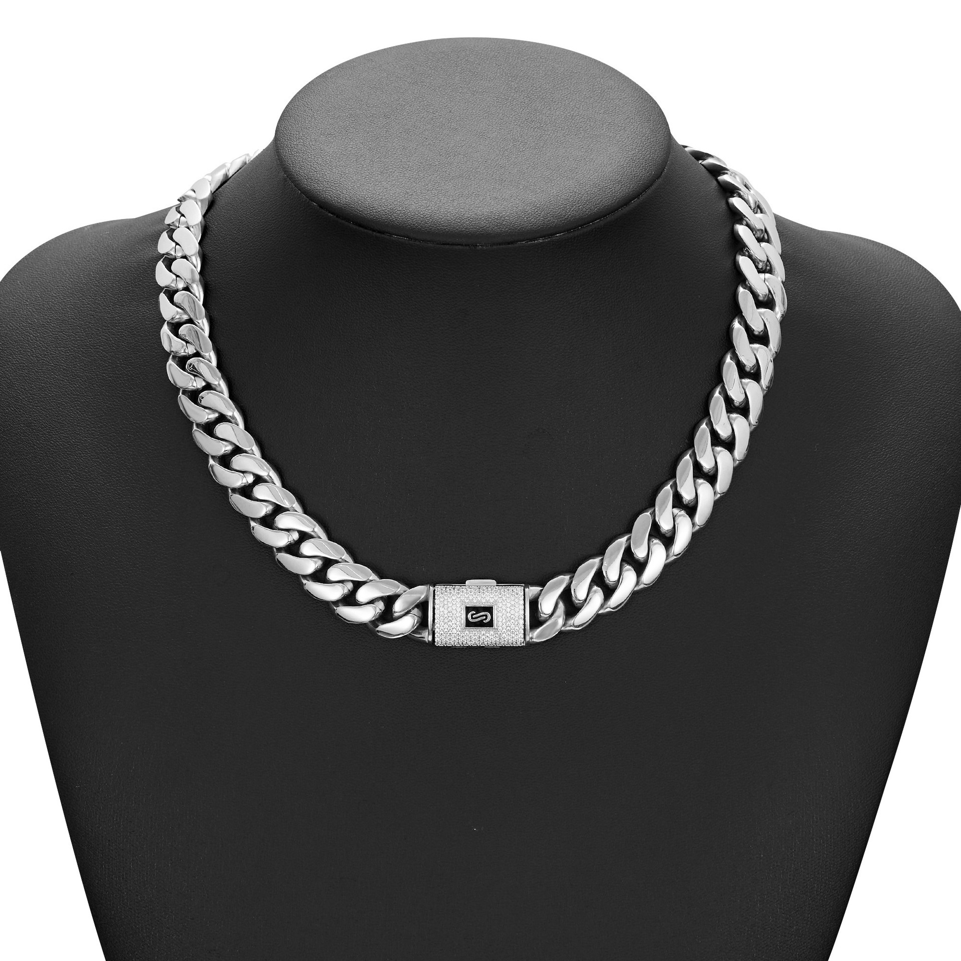 14mm Hip Hop Stainless Steel Cuban Chain Necklace Bracelet S Mark Full 5A Zircons Brass Clasp Jewelry Silver Color