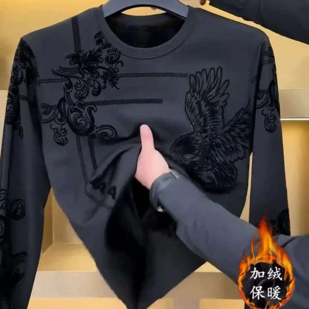 2025 Autumn Winter New Sweatshirt Crew Neck Fleece Men's Fashion Versatile Warm Long Sleeve Base Shirt T-Shirt Top