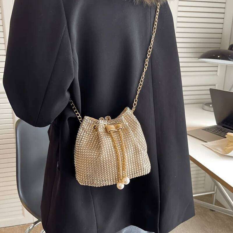 Sparkling Rhinestone Embellished Drawstring Crossbody Bag, Multi-Functional Bucket Purse, Formal Handbag For Women Daily Commute