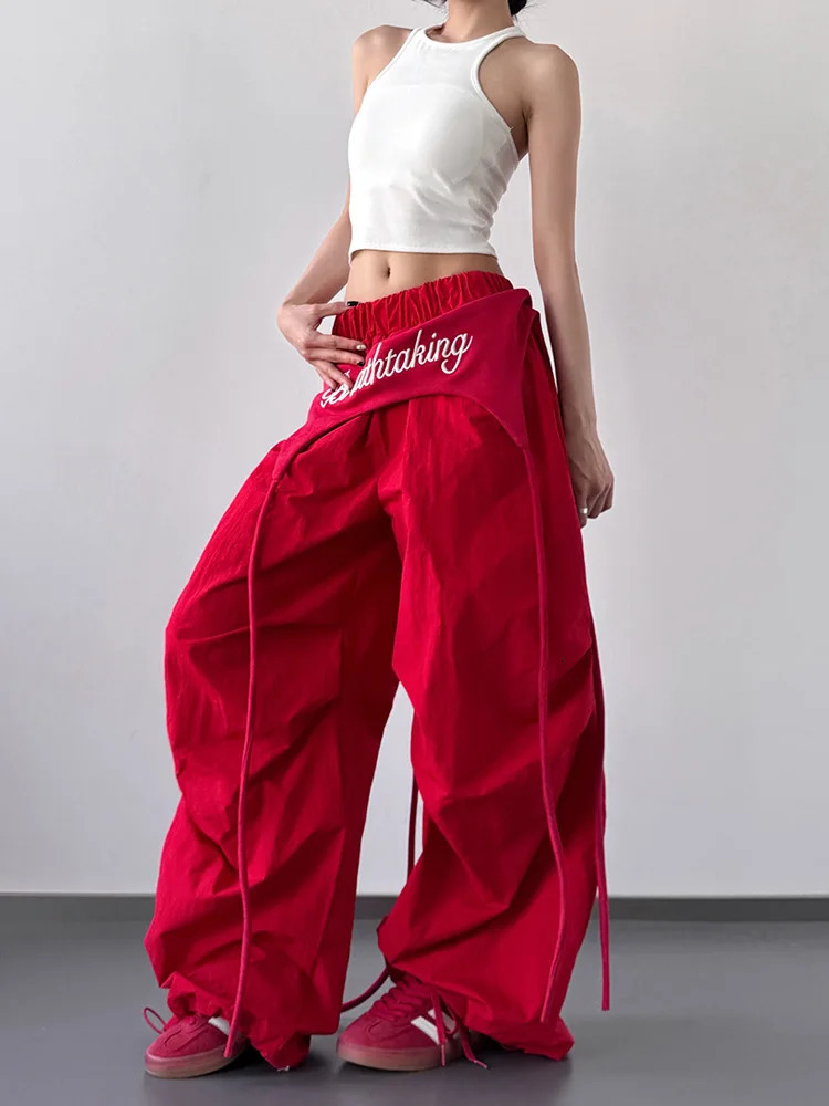 Womens Y2K Style - Cross-layer Straps Casual Streetwear Trousers Wide Leg Cargo Pants for Hip Hop Dance Z260314