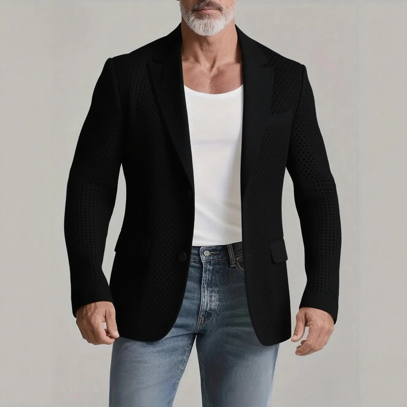 Mens Hollow Crochet Suit Coats Fashion Notch Lapel Two Button Long Sleeve Blazer Casual Solid Double Pockets All-match Jacket 251217