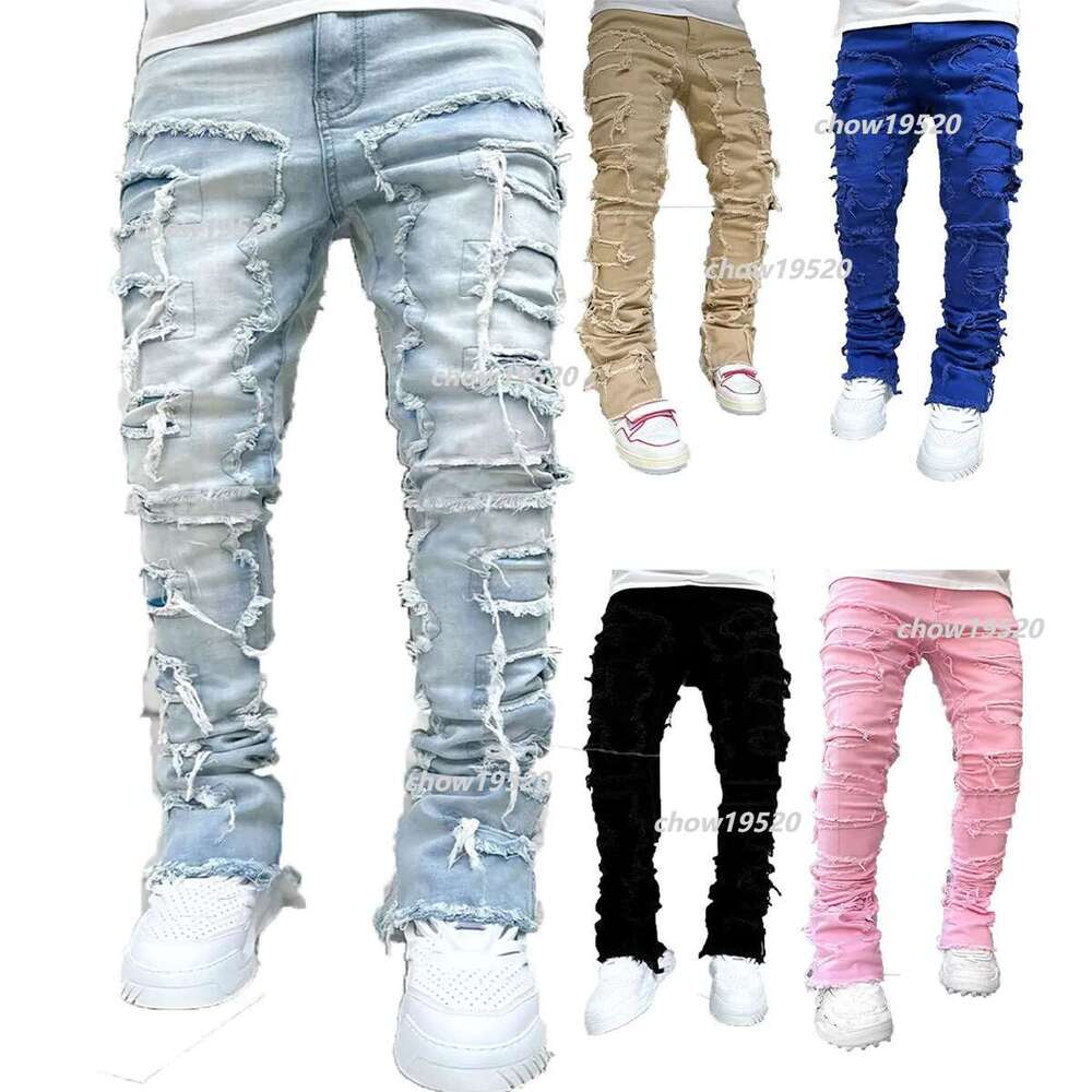 CNLONGBIDA Men's Jeans Stacked Hirigin Regular Fit Patch Distressed Destroyed Straight Denim Pants Streetwear Clothes Casual Jean