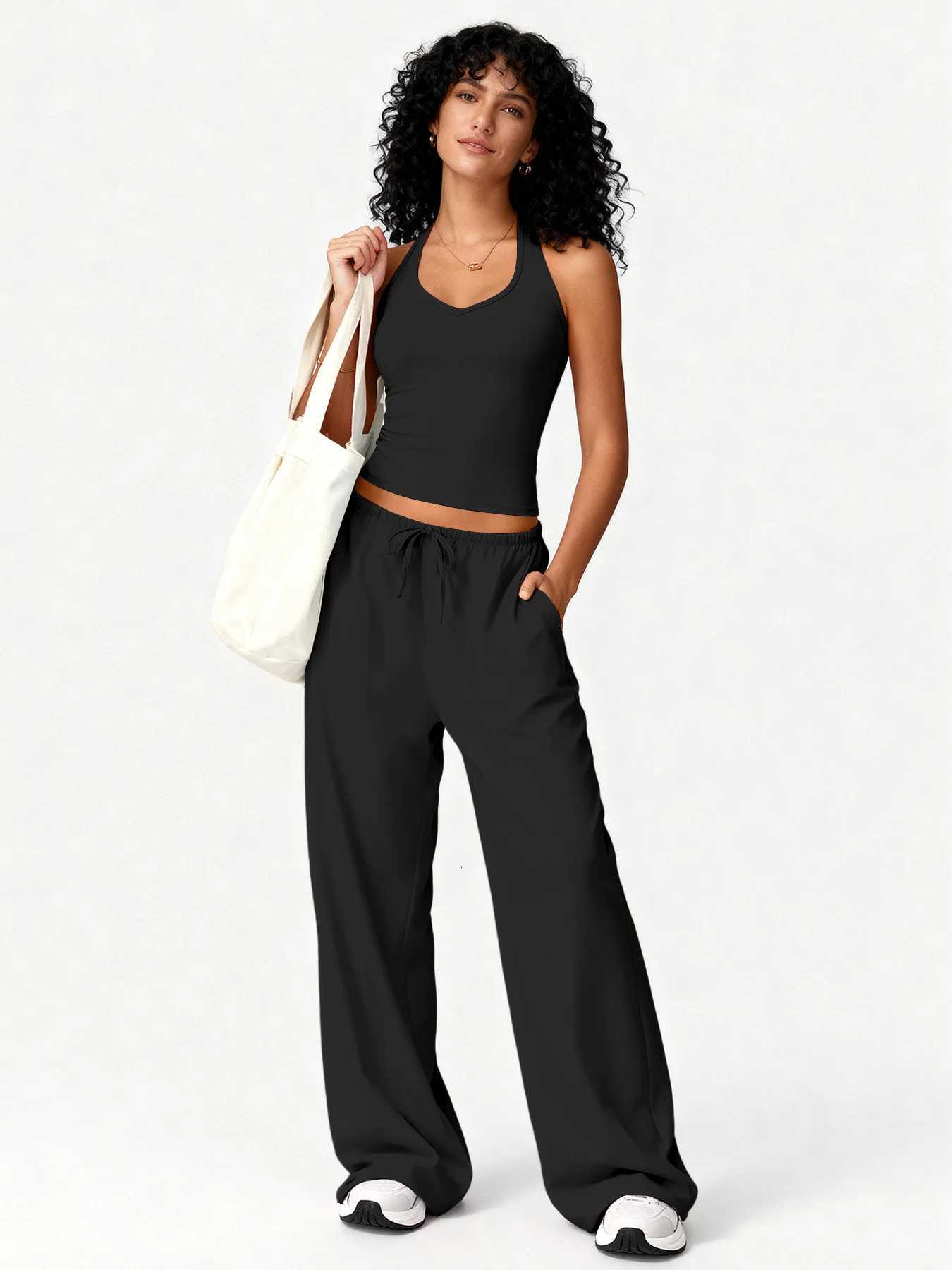 European and American yoga fitness suit quick-drying beautiful back camisole high waist flared pants running casual weart251219