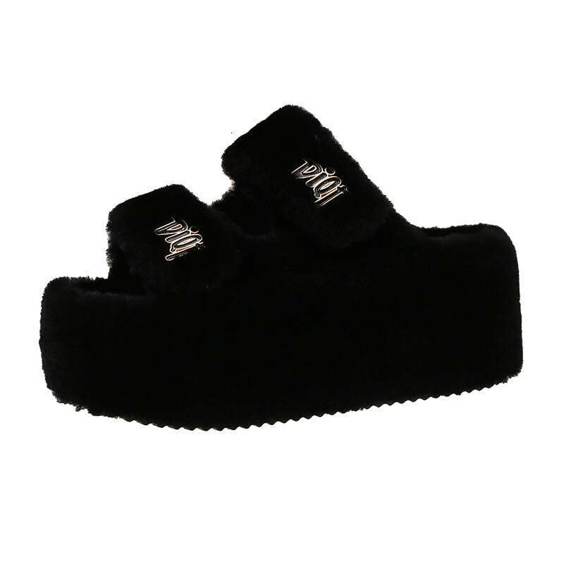 Internet Celebrity Magic Tape 8CM Thick Sole Furry for Women, Outdoor Wear, 2025 Autumn and Winter New Embroidered Letter Cotton Slippers