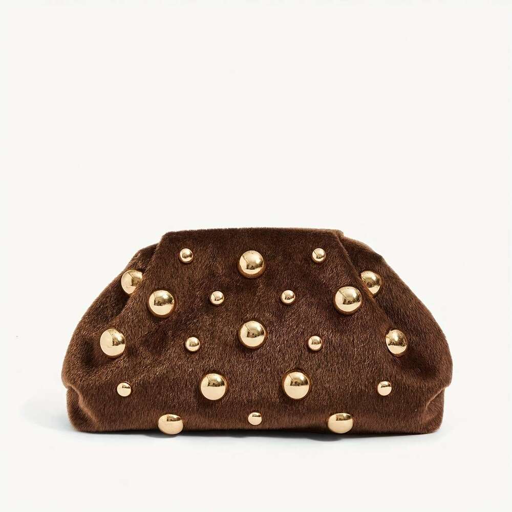 Pc Women S Elegant Faux Trimmed Handbag Large Capacity Golden Tone Stud Closure Purse Deep Brown Like Imitation For Weddings Parties Daily Use Luxury