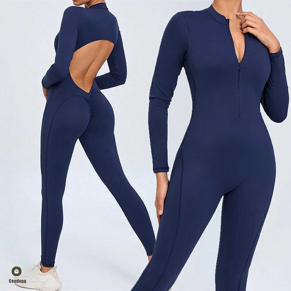 2025 Pad Zipper Long Sleeve Yoga Set Women One Piece Jumpsuit Gym Workout Shorts Fitness Bodysuit Sports Athletic Suit XP358t251219