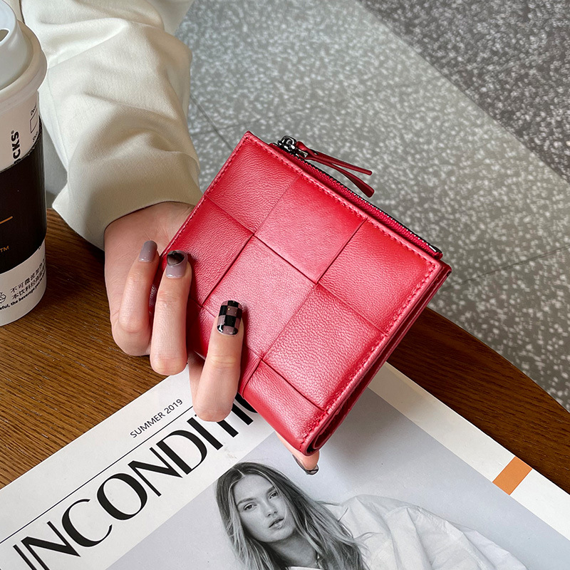 2025 new Women's short wallet genuine leather wallet large woven sheepskin large-capacity coin purse leather wallet card holder