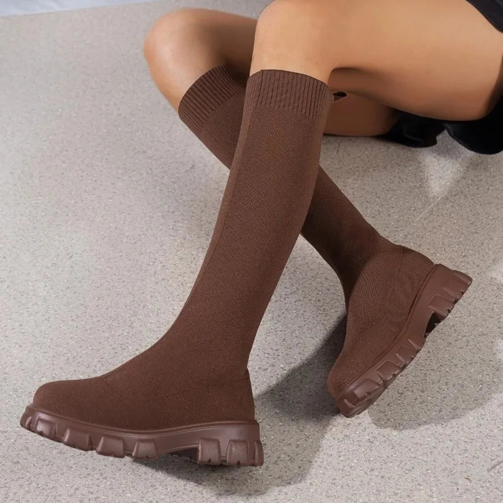 Knee Length Socks and Boots Womens Autumn and Winter One Step Elastic Slim Boots Thick Sole 43 Large Shoes for Womens 251219