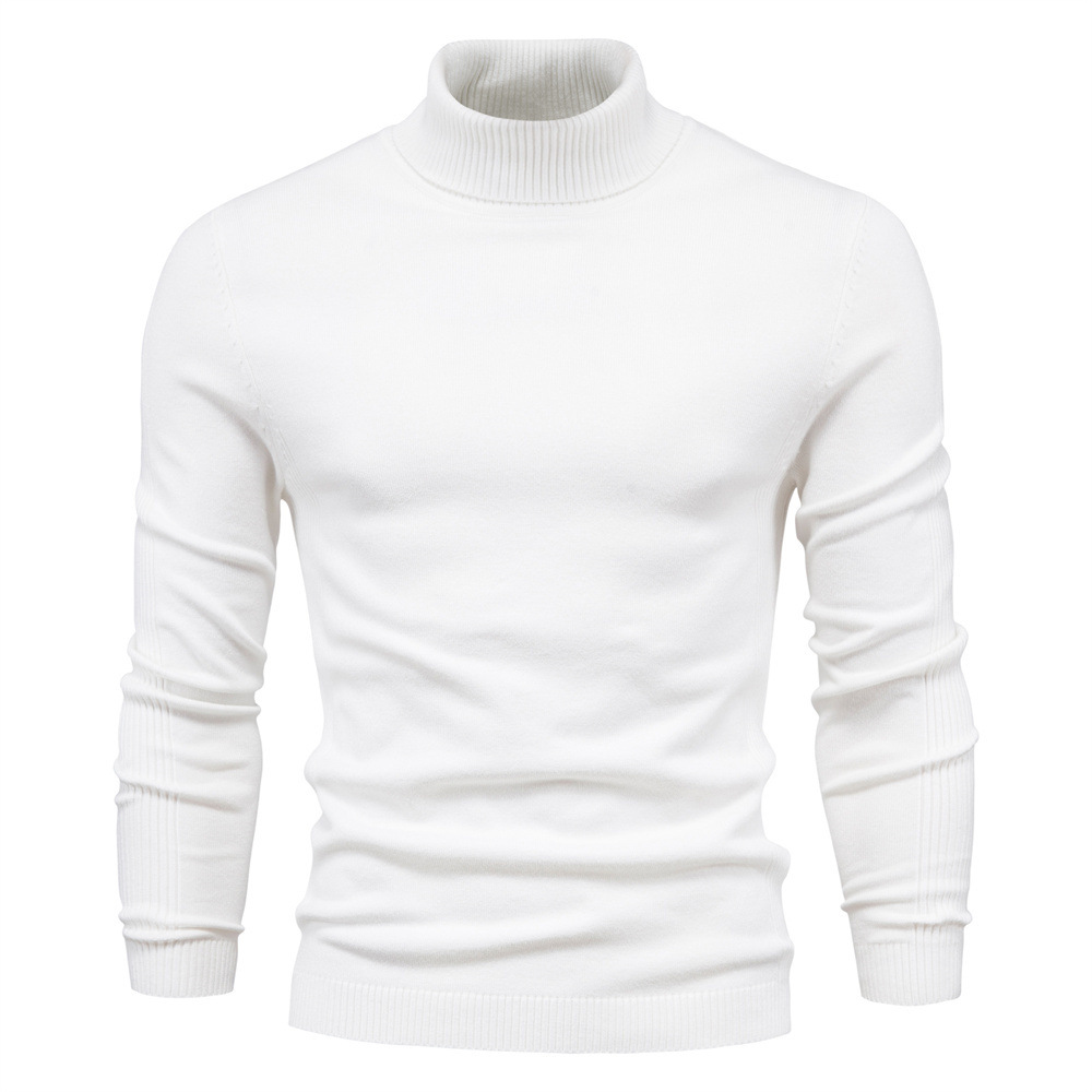 WOZK Autumn winter new casual men's solid color pullover sweater, high neck knitted sweater, casual men's inner top high quality white