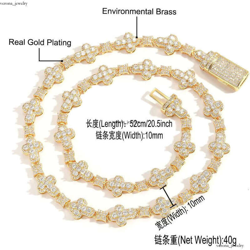 BES 10mm Iced VVS Moissaniteia Tennis Chain Men's Gold-Plated Diamond Cross Necklace Women's Hip-Hop Jewelry