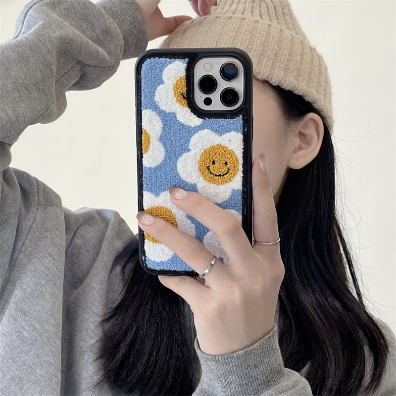 Embroidered Smiley Flower Case for iPhone 16 Pro Max Apple 17 Plush Sunflower 15 Autumn Winter