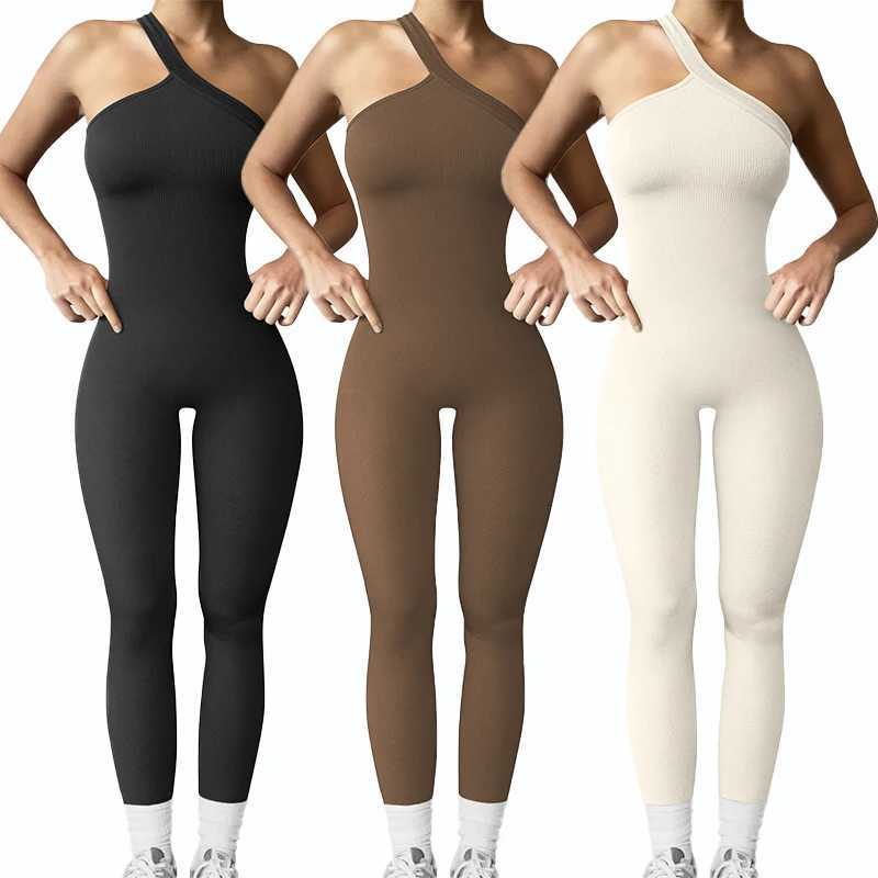 Women Yoga Jumpsuits Workout Ribbed One Shoulder One Piece Sport Jumpsuits Solid Sleeveless Hip Lifting Fitness Jumpsuitst251219