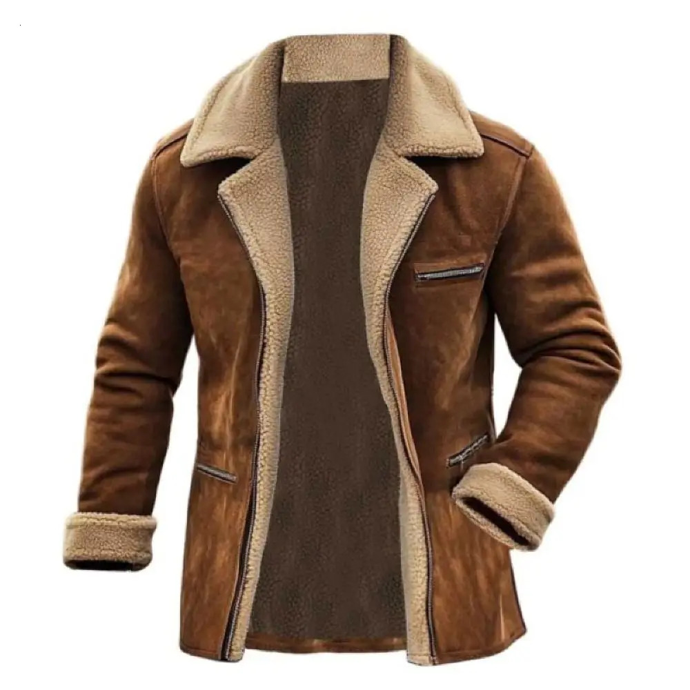 Mens Vintage Suede Shearling Coat Fleece Lined MidLength Jacket with Zipper Pockets Reverse Collar and Warm Wool Fur 251219 - view 3