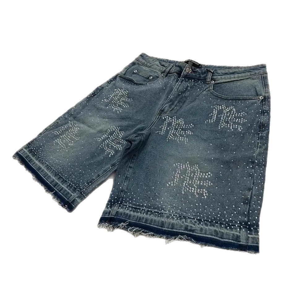 Men's Shorts Streetwear Couple Vintage Rhinestone Sequined Denim Cowboy Hip Hop Loose Sport Casual Mertra Embroidered Streetwear Hip-hop Youth Fo