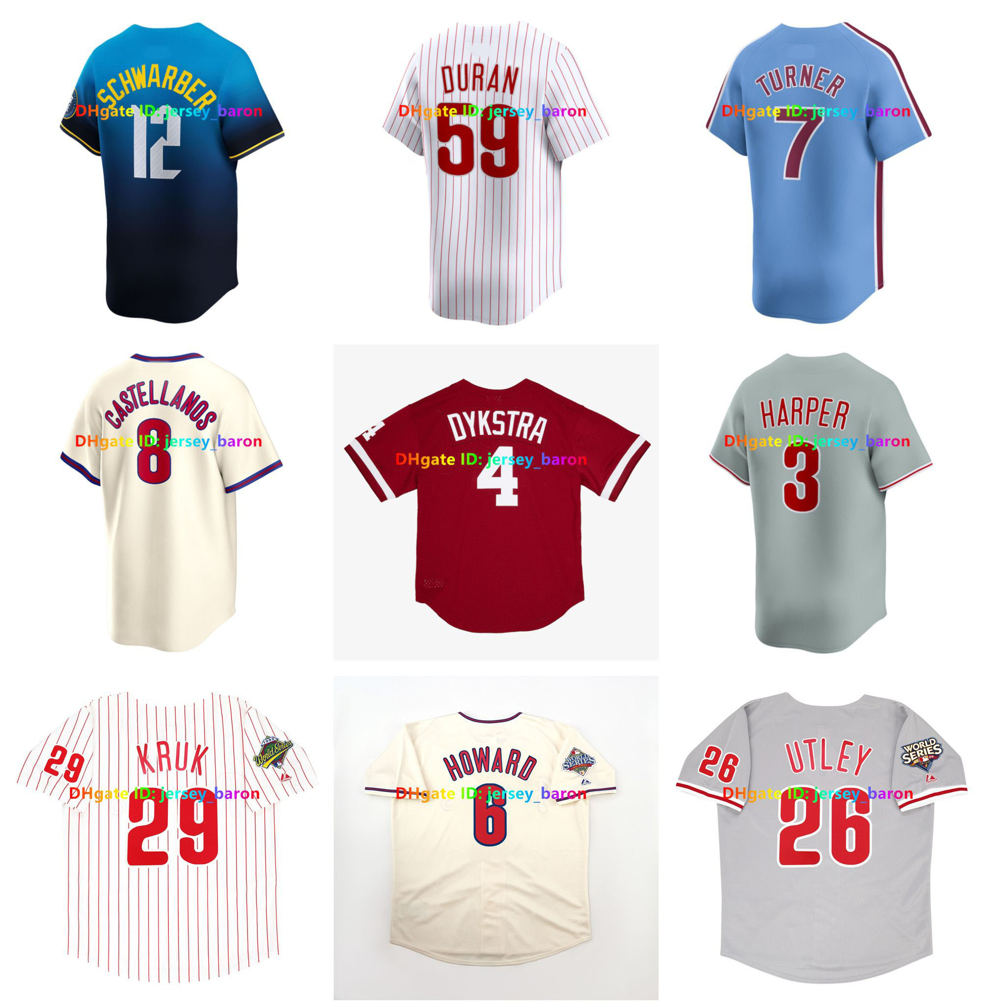 Kyle Schwarber Bryce Harper Phillies Basketball World Series Jerseys John Kruk Chase Utley Trea Turner Jhoan Duran Ryan Howard Mike Schmidt Pete Rose Sanchez Sz S-4XL