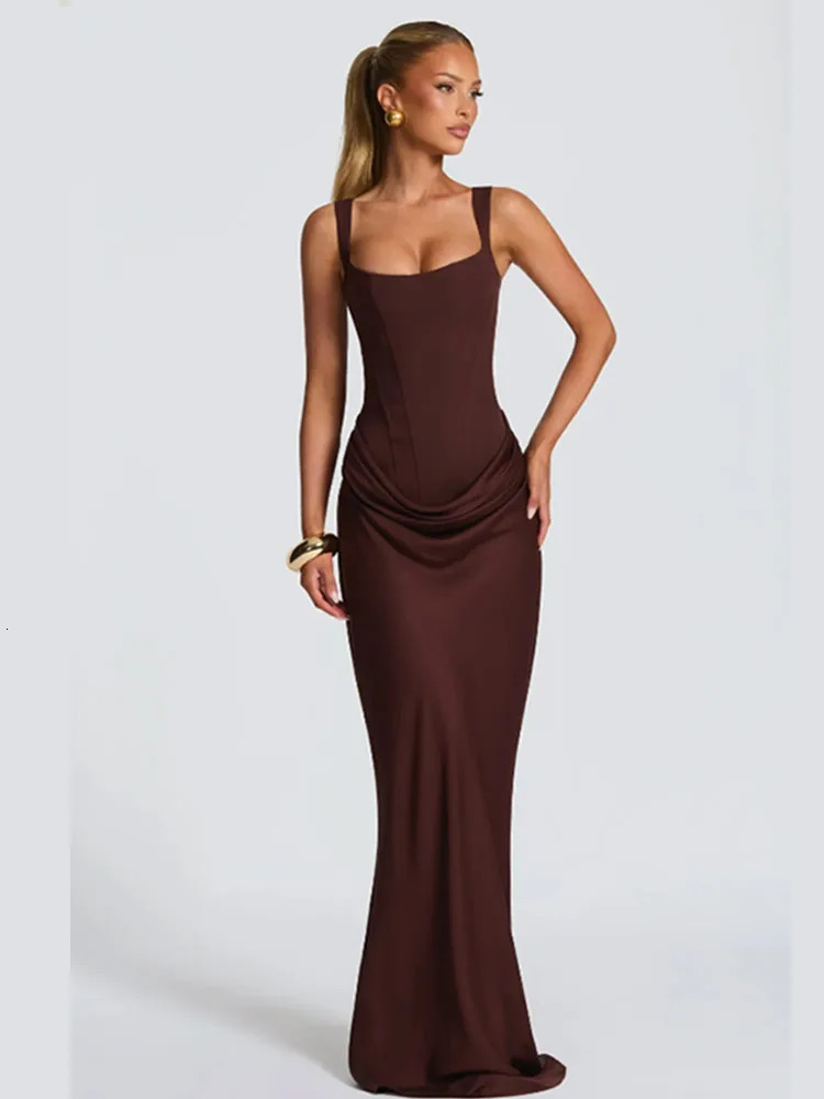 Solid Pleated Sling Dres Square Neck Sleeveless Offshoulder Waist Cinching Slim Dresses Lady Evening Party Gowns 2025 251219